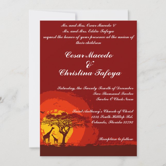5 x 7 Wedding Invitation Red Sunset in Africa (Front)