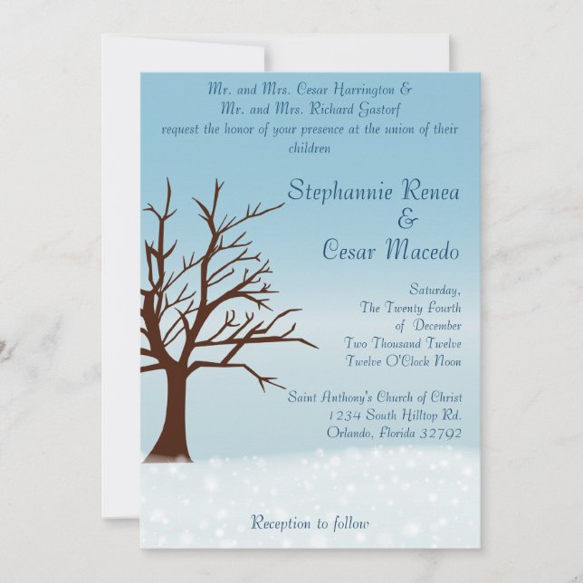 5 x 7 Wedding Invitation Twinkling Snow /Bare Tree (Front)