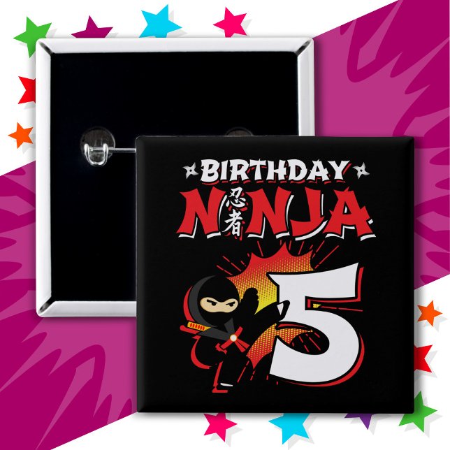 5 Year Old Comic Book Style Ninja 5th Birthday 2 Inch Square Button (Creator Uploaded)