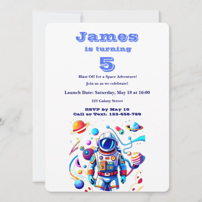 5 Year Old Space Birthday Custom Astronaut Orbit  Invitation (Front)
