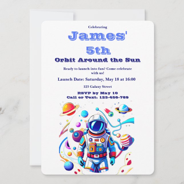 5 Year Old Space Birthday Custom Astronaut Orbit  Invitation (Front)
