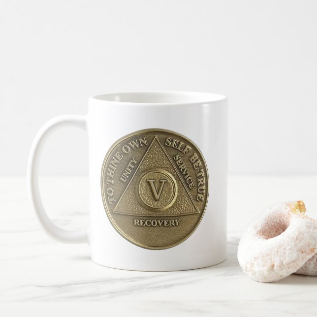 5  Year Sober Medallion Coin Happy Anniversary Coffee Mug (With Donut)