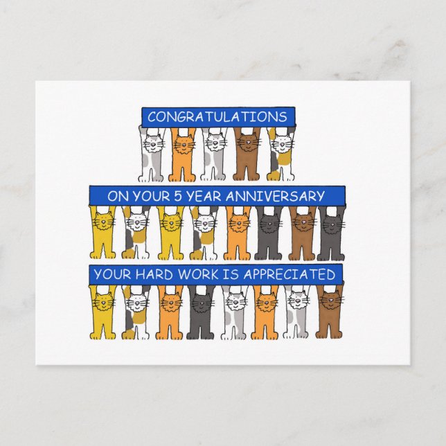 5 Year Work Anniversary Congratulations Cats Postcard (Front)