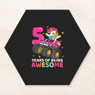 5 Years Old Unicorn Riding Monster Truck 5th Birth Paper Coaster