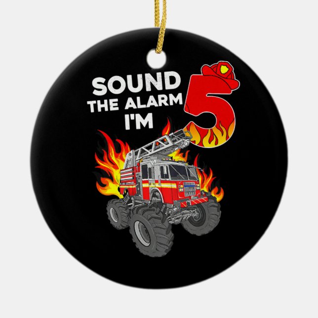 5 YO Birthday Kids Fire Truck 5th Boy Toddler Ceramic Ornament (Front)