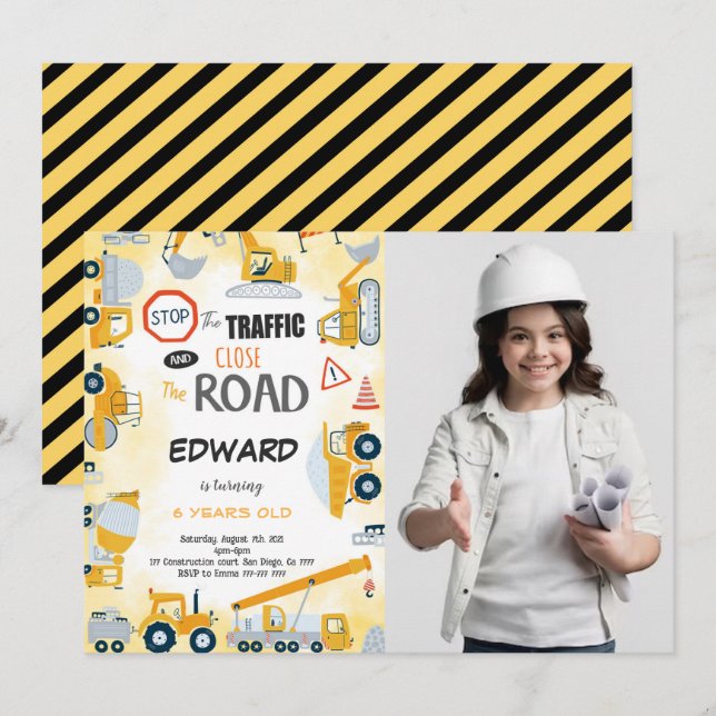 5e anniversaire Construction Boy Photo Invitation (Devant / Derrière)
