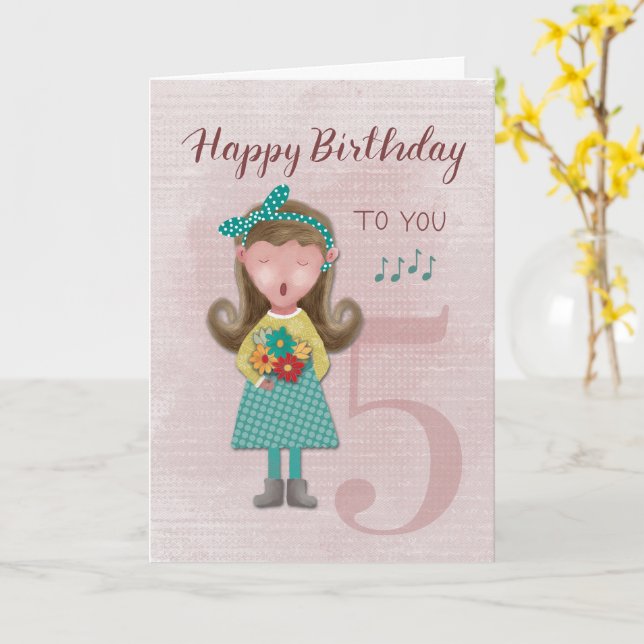 5e Anniversaire fille chanter joyeuse carte d'anni (Fleur jaune)
