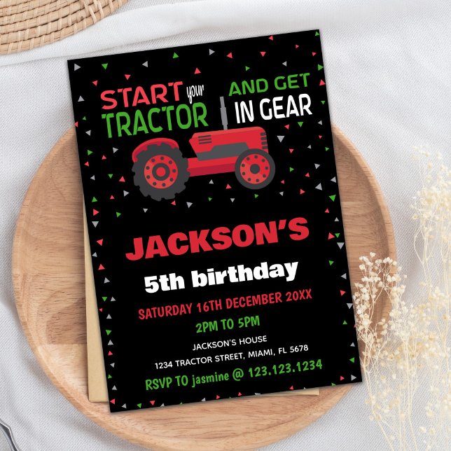 5e Invitations d'anniversaire du tracteur rouge (5th Red Tractor Birthday Invitations)
