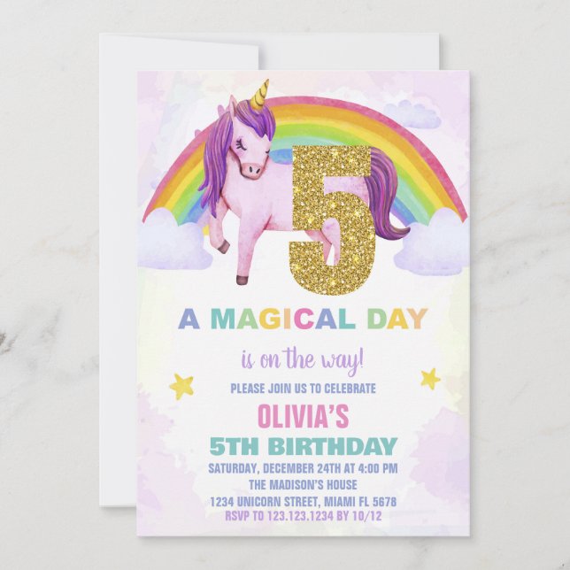 5e Rainbow Unicorn Anniversaire Invitations Cloud (Devant)