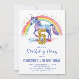 5e Rainbow Unicorn Invitations d'anniversaire