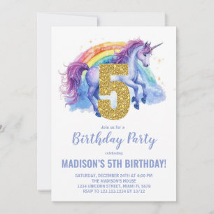 5e Rainbow Unicorn Invitations d'anniversaire