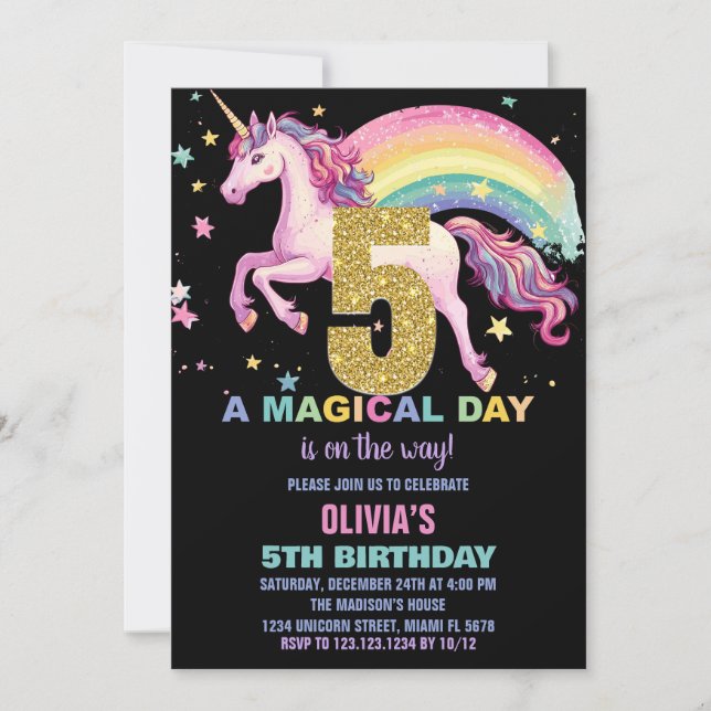 5ème Unicorn Invitations Anniversaire Noir (Devant)