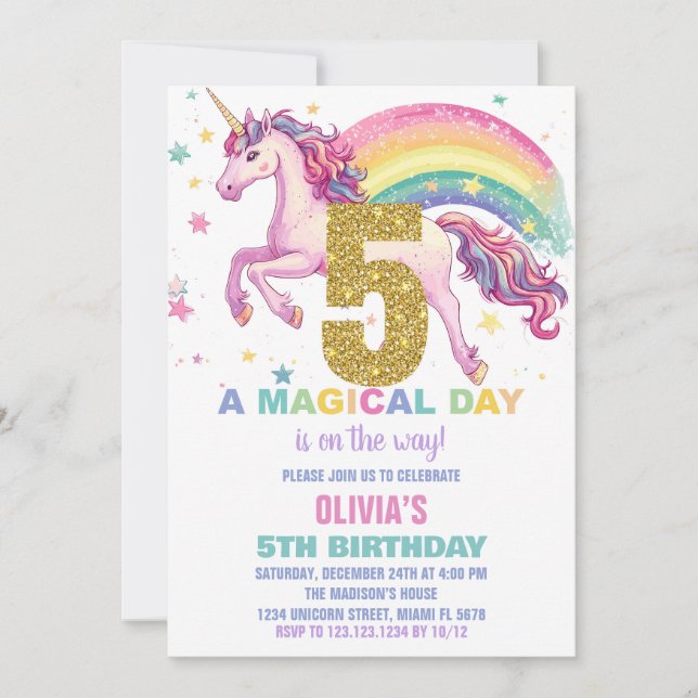 5ème Unicorn Invitations d'anniversaire (Devant)