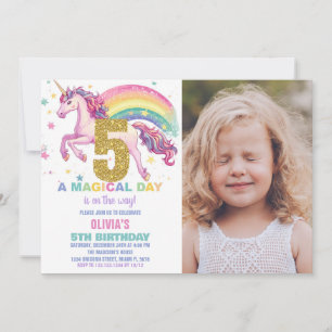5ème Unicorn Invitations d'anniversaire avec photo