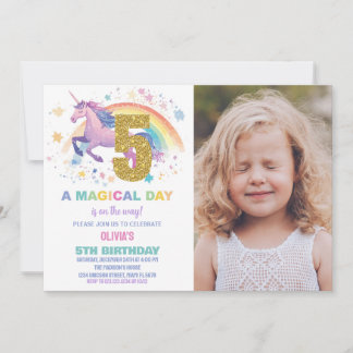 5ème Unicorn Invitations d'anniversaire avec photo