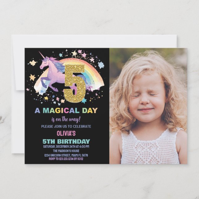 5ème Unicorn Invitations d'anniversaire avec photo (Devant)