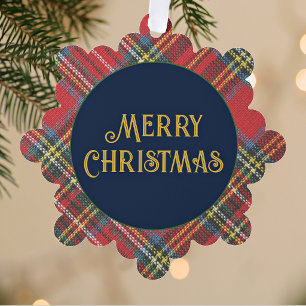 5in Stewart Tartan Frame Merry Christmas Navy Gold Ornament Card