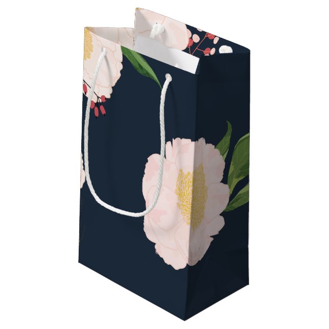 5lx3wx8.5h Small Gift Bag Baby Pink Cosmos on Navy (Back Angled)
