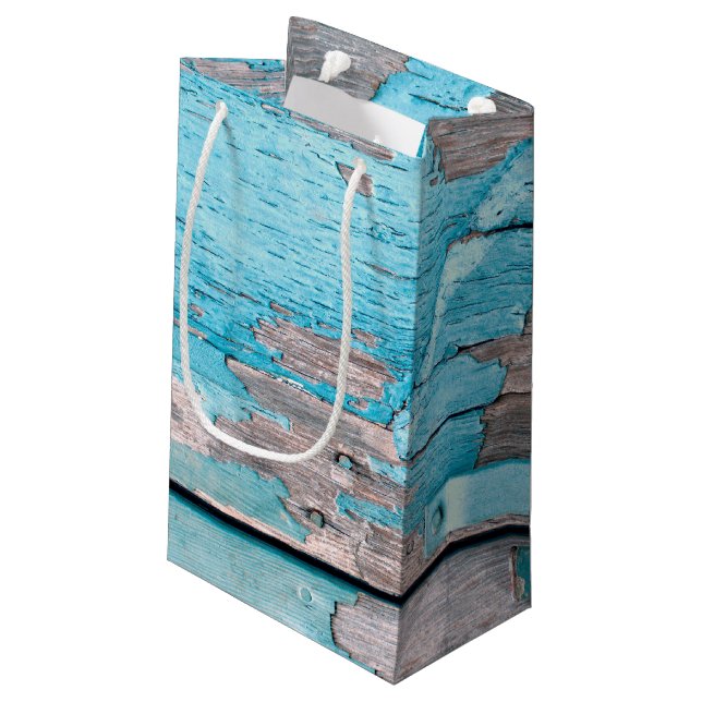 5lx3wx8.5h Small Gift Bag Blue Wood Barn Door Boot (Back Angled)