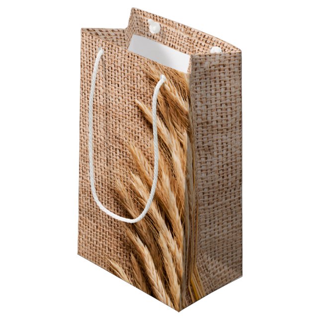 5lx3wx8.5h Small Gift Bag Wheat on Burlap Sack Cou (Front Angled)