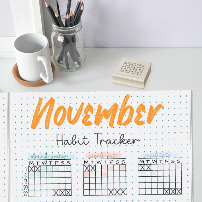 5mm Dot Grid Journal Habit Tracker Month Calendar Rubber Stamp (Dot grid journal monthly Habit Tracker page using mini calendar stamp.)