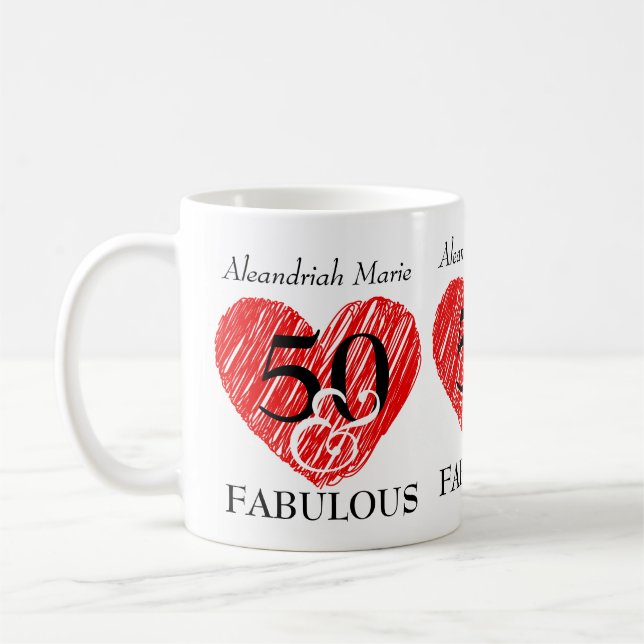 5O and Fabulous Birthday Black Script Red Heart Coffee Mug (Left)