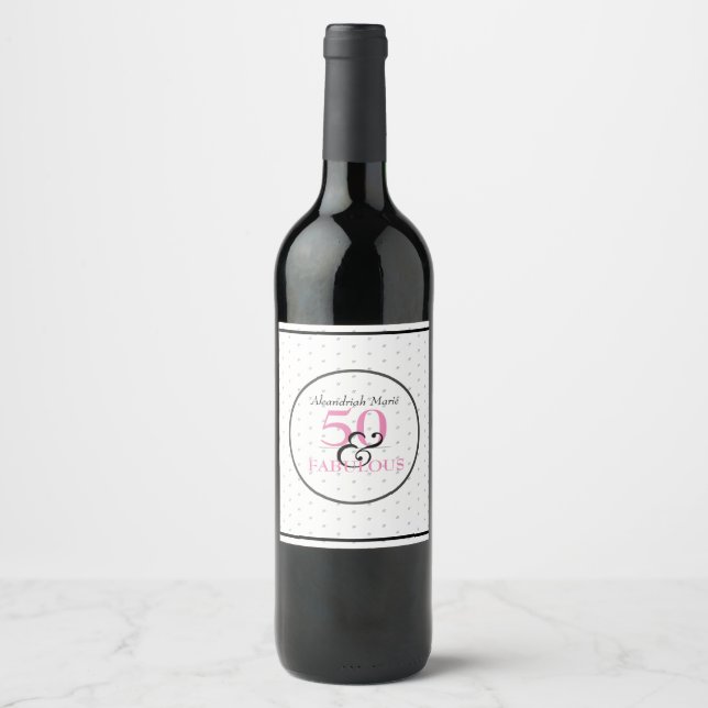 5O and Fabulous Black Pink and White Birthday Wine Label (Front)