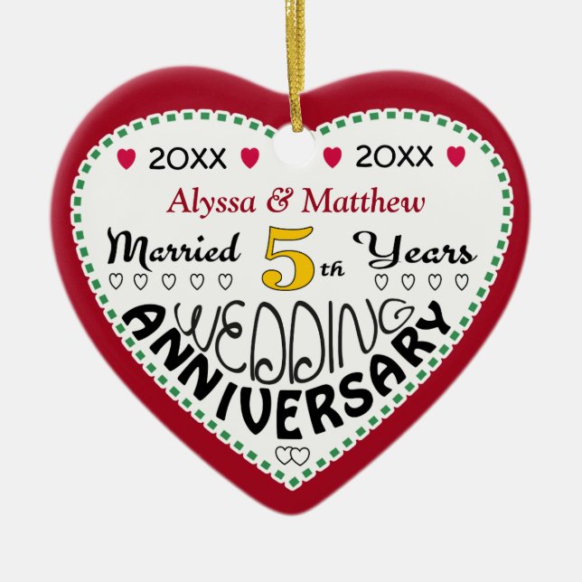 5th Anniversary Gift Heart Shaped Christmas Ceramic Ornament (Front)