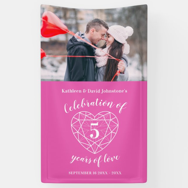 5th anniversary pink heart personalized photo banner (Vertical)