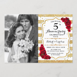 5th Anniversary with Photo - Red Gold White Invitation