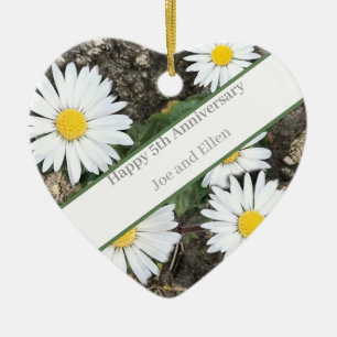 5th Anniversary, Wood and Daisies editable Ceramic Ornament