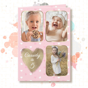 5th Birthday 3 Picture Collage Gold Pink Hearts Card