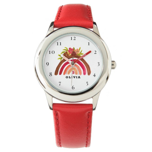 5th Birthday 5 Years old Girl Red Rainbow Boho Watch (Front)