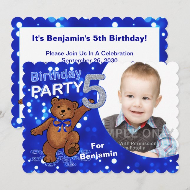 5th Birthday Bear Party Custom Photo Invitations (Front/Back)
