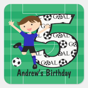 5th Birthday Blue and Black Soccer Goal and Name Square Sticker