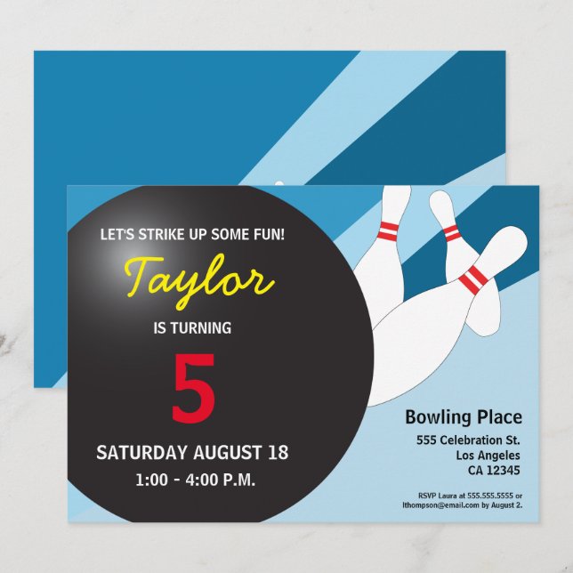 5th birthday bowling party blue red yellow invitation (Front/Back)