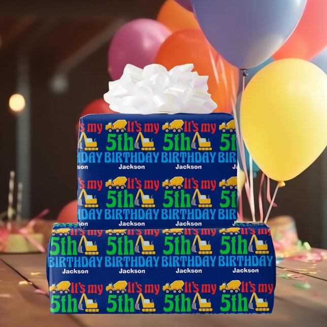 5th Birthday Boy Construction Vehicle Custom Kids Wrapping Paper (Creator Uploaded)