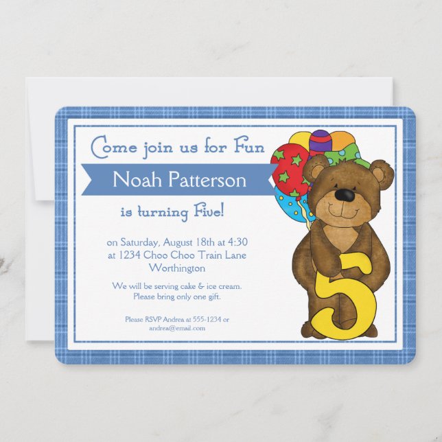 5th Birthday Boy Invitations Teddy Bear Train (Front)