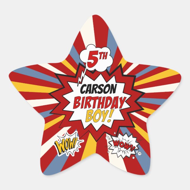5th Birthday Boy Superhero Comic with Name Star Sticker (Front)