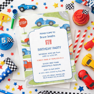 5th Birthday Boy Watercolor Race Track Invitation