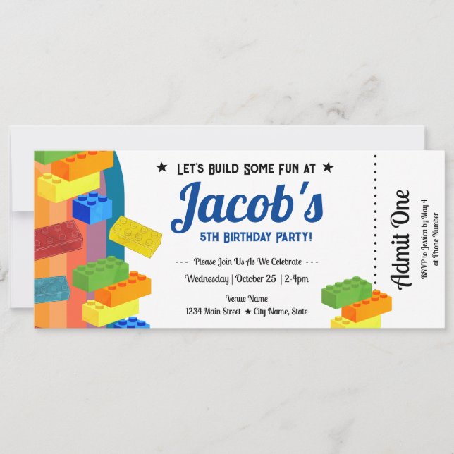 5th Birthday Building Blocks Fun Ticket Invitation (Front)