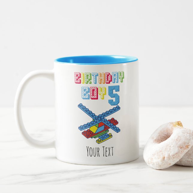 5th Birthday Building Blocks Personalized Birthday Two-Tone Coffee Mug (With Donut)