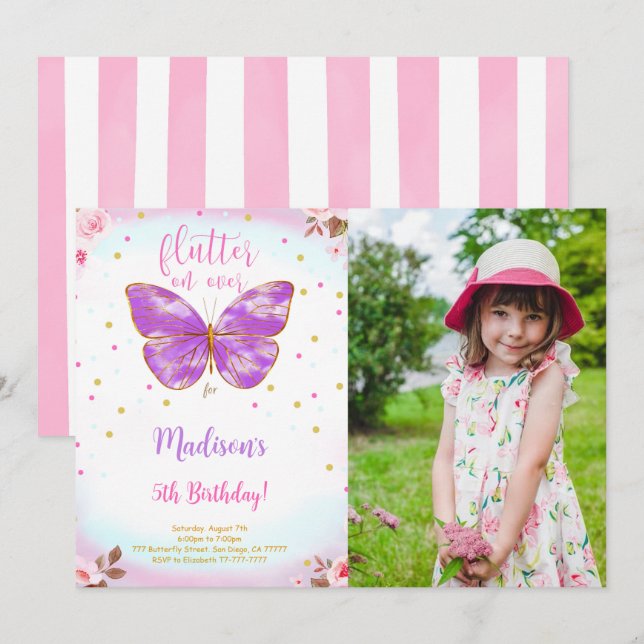 5th Birthday Butterfly Photo Invitation (Front/Back)