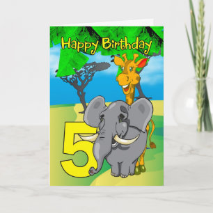 5th Birthday Card - Elephant, Giraffe, Jungle