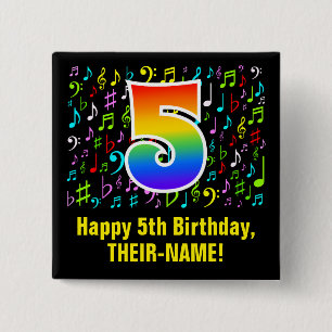 5th Birthday: Colorful Music Symbols, Rainbow 5 2 Inch Square Button