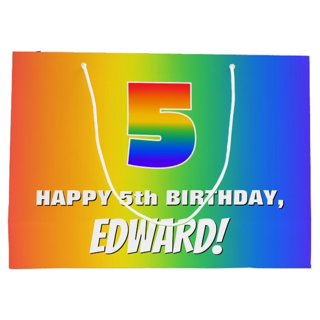 5th Birthday: Colourful, Fun Rainbow Pattern # 5 Large Gift Bag (Back)