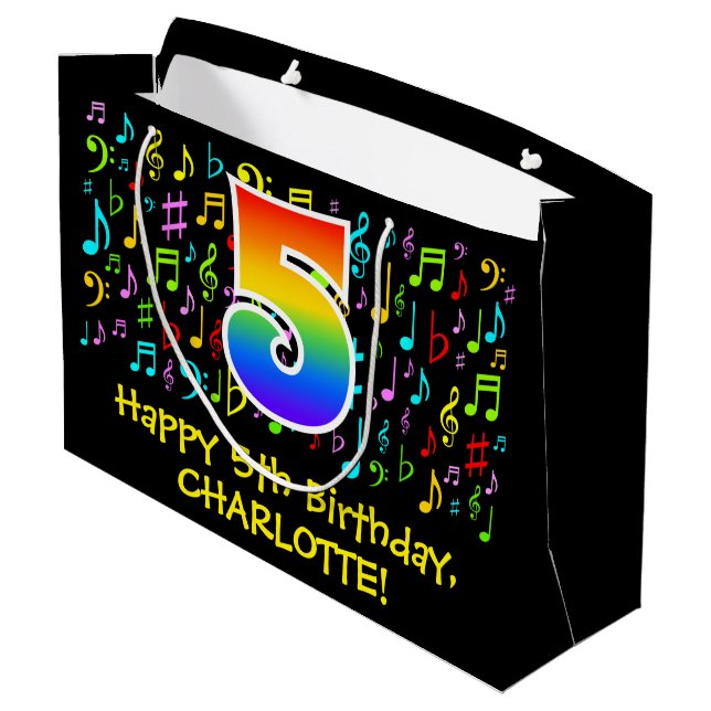 5th Birthday - Colourful Music Symbols, Rainbow 5 Large Gift Bag (Back Angled)