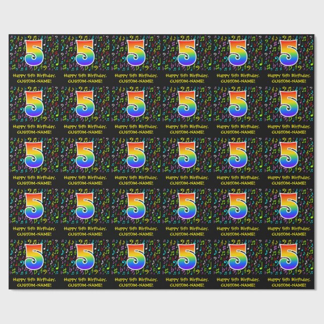 5th Birthday: Colourful Music Symbols, Rainbow 5 Wrapping Paper (Flat)