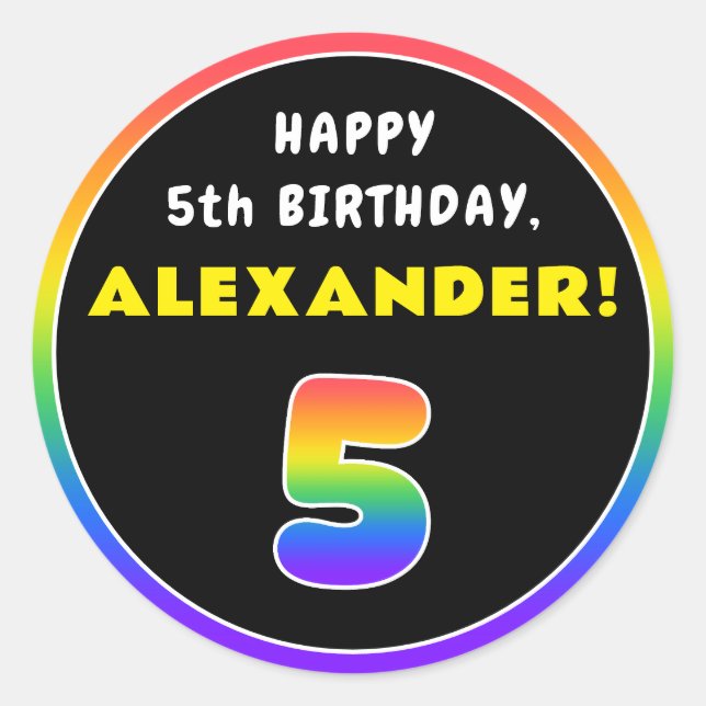 5th Birthday: Colourful Rainbow # 5, Custom Name Classic Round Sticker (Front)