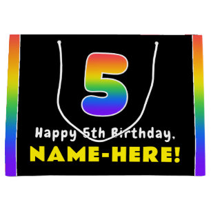 5th Birthday: Colourful Rainbow # 5, Custom Name Large Gift Bag